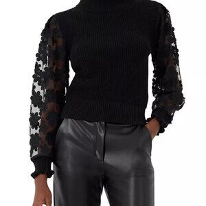 French Connection Turtleneck Sweater, Floral Appliqué Sleeves - Size S